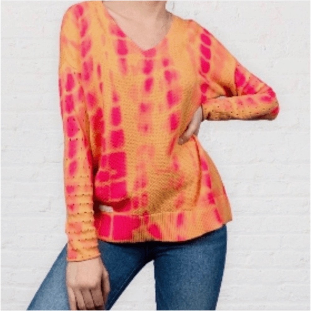 Lisa Todd Rise Above Women's sz 1X Tie Dye V-Neck Waffle Knit Pointelle Sweater